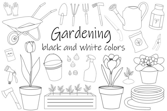 Gardening Black and White: Garden Tools for Embroidery Projects