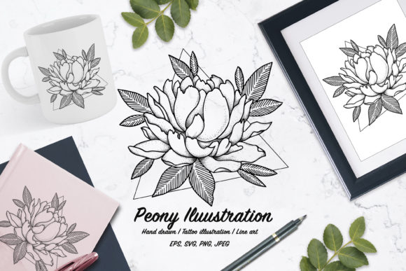 Peony Illustration. Flower Tattoo for Real Embroidery Projects